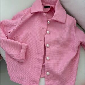 Pink Barbie waffle jacket with large pearl buttons 4